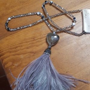 NWT Grey Heart Necklace With Feathers